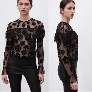 ZARA BEADED TULLE KNIT BLOUSE LIMITED EDITION 6206/001 Sz M-L